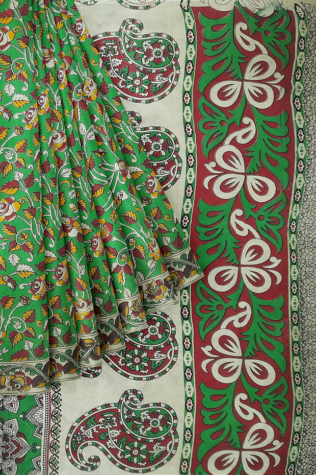 Printed Kalamkari pure cotton saree in green with floral pattern