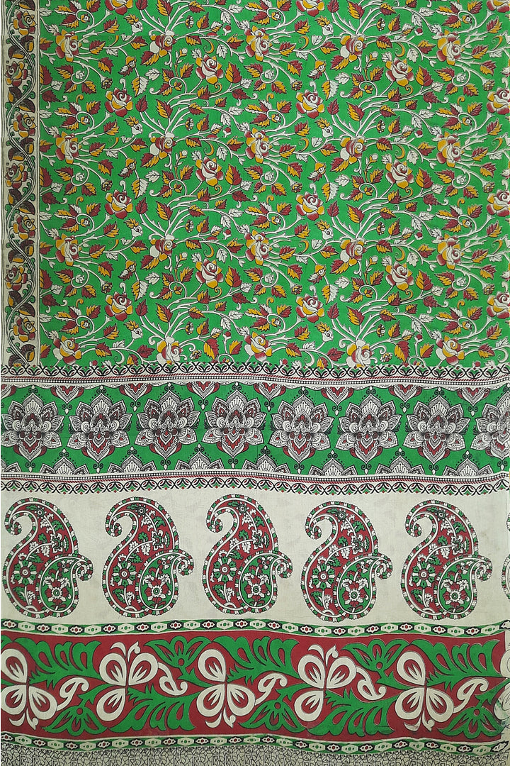 Printed Kalamkari pure cotton saree in green with floral pattern