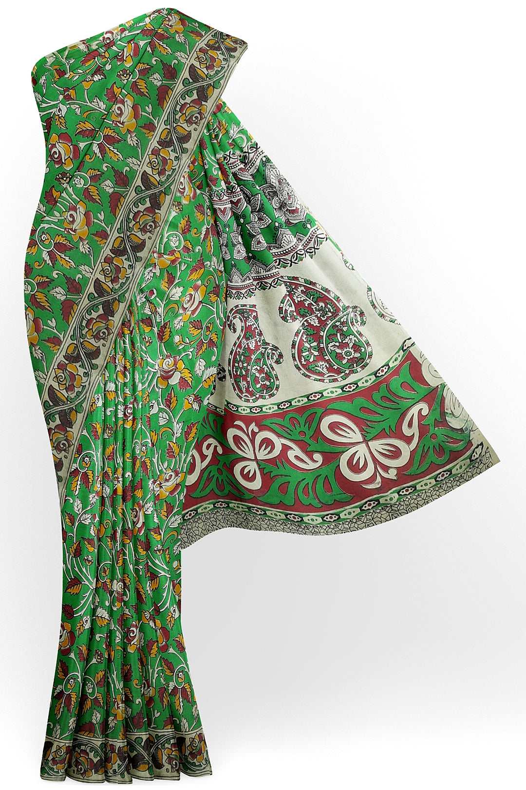 Printed Kalamkari pure cotton saree in green with floral pattern