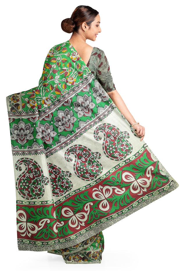 Printed Kalamkari pure cotton saree in green with floral pattern