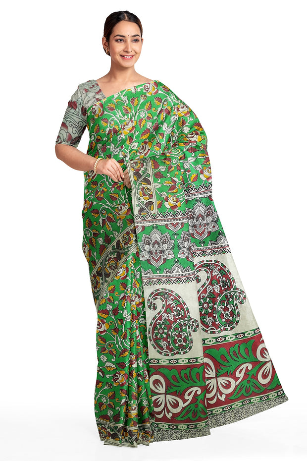 Printed Kalamkari pure cotton saree in green with floral pattern