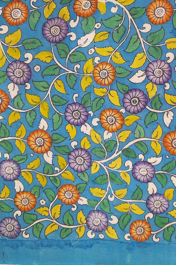 Hand painted Kalamkari pure cotton saree   with peacock , tulips and lotus vines .