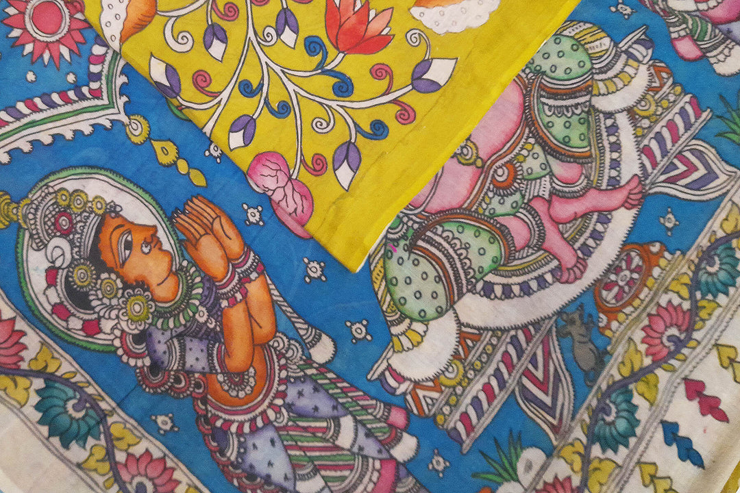 Hand painted Kalamkari pure cotton saree   with peacock , tulips and lotus vines .