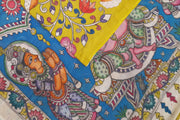 Hand painted Kalamkari pure cotton saree   with peacock , tulips and lotus vines .