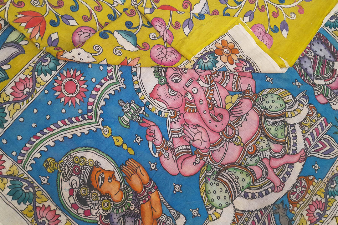Hand painted Kalamkari pure cotton saree   with peacock , tulips and lotus vines .