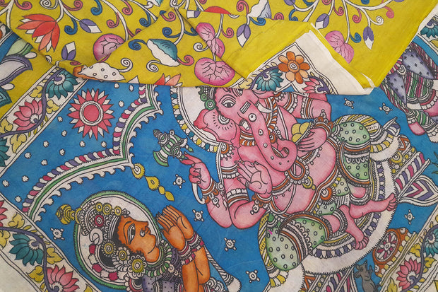 Hand painted Kalamkari pure cotton saree   with peacock , tulips and lotus vines .