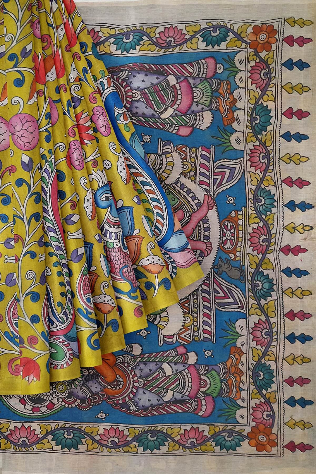 Hand painted Kalamkari pure cotton saree   with peacock , tulips and lotus vines .