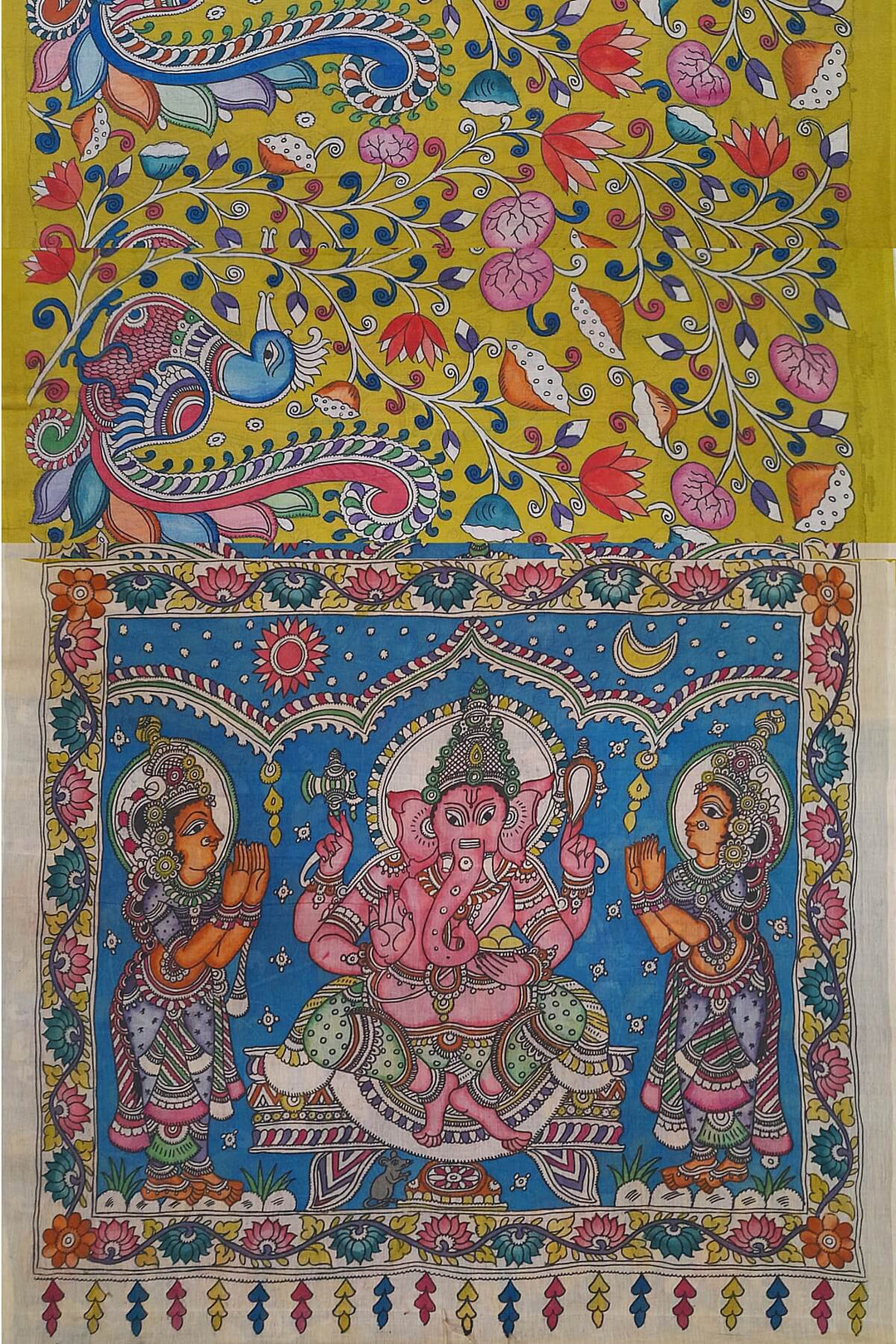 Hand painted Kalamkari pure cotton saree   with peacock , tulips and lotus vines .