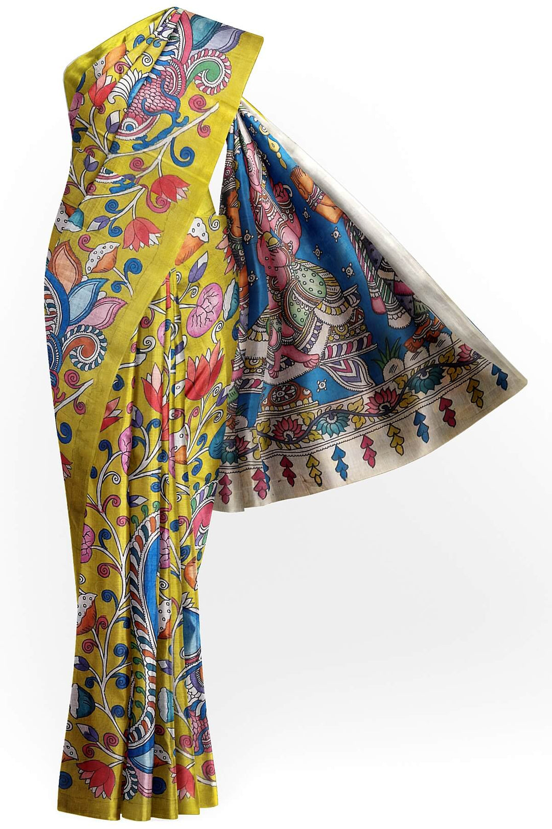 Hand painted Kalamkari pure cotton saree   with peacock , tulips and lotus vines .