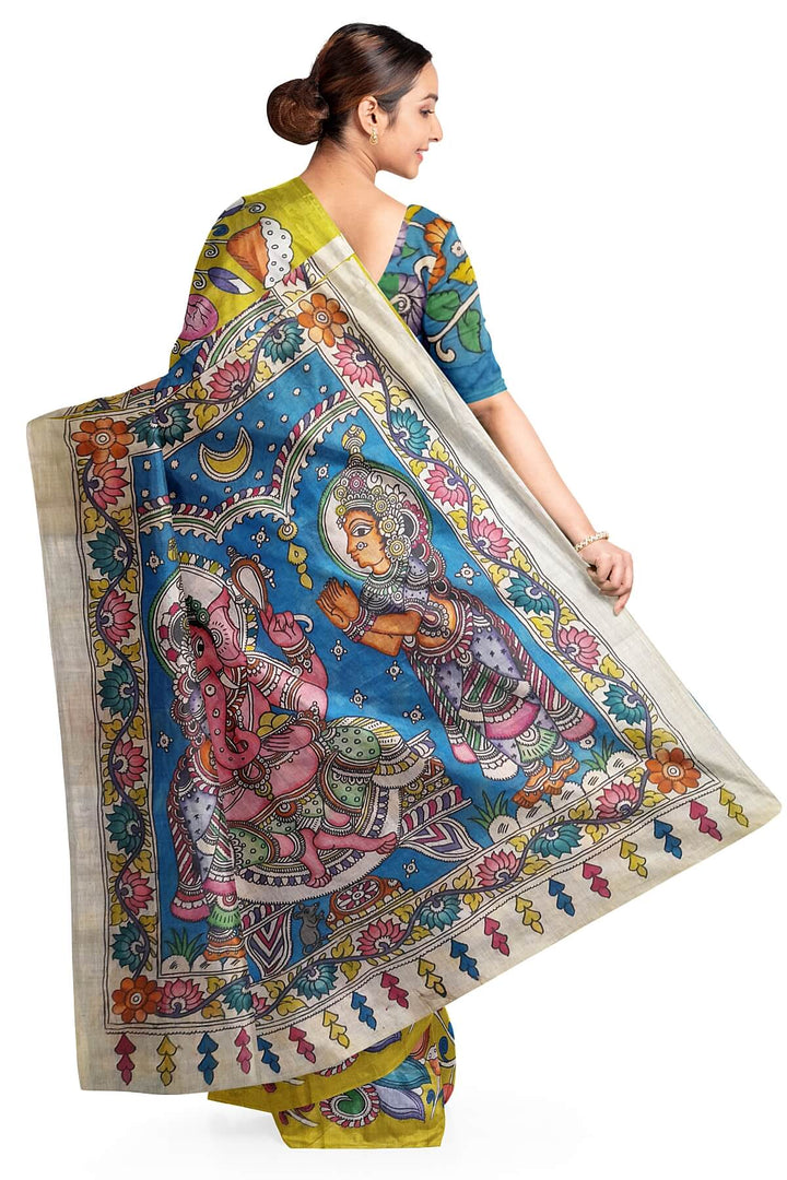 Hand painted Kalamkari pure cotton saree   with peacock , tulips and lotus vines .