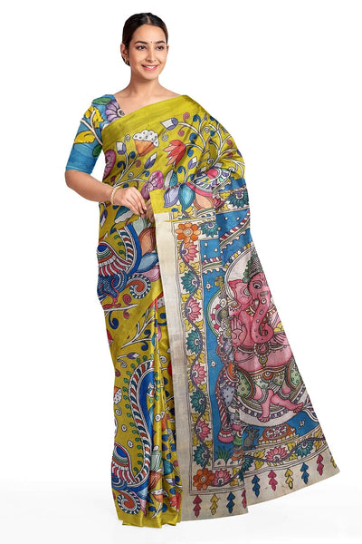Hand painted Kalamkari pure cotton saree   with peacock , tulips and lotus vines .