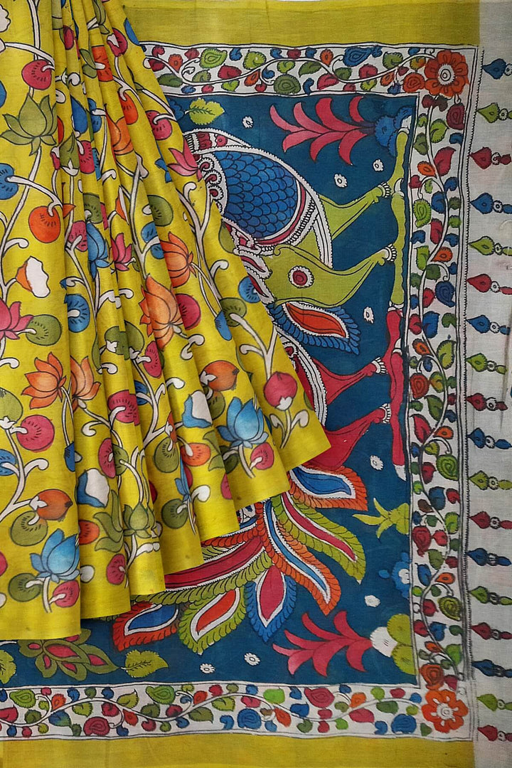 Hand painted Kalamkari pure cotton saree with  lotus vines .