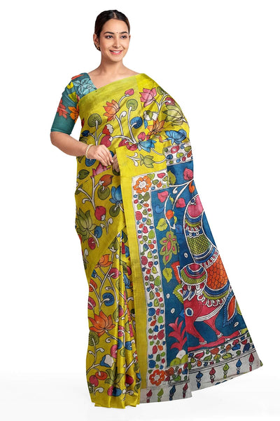 Hand painted Kalamkari pure cotton saree with  lotus vines .