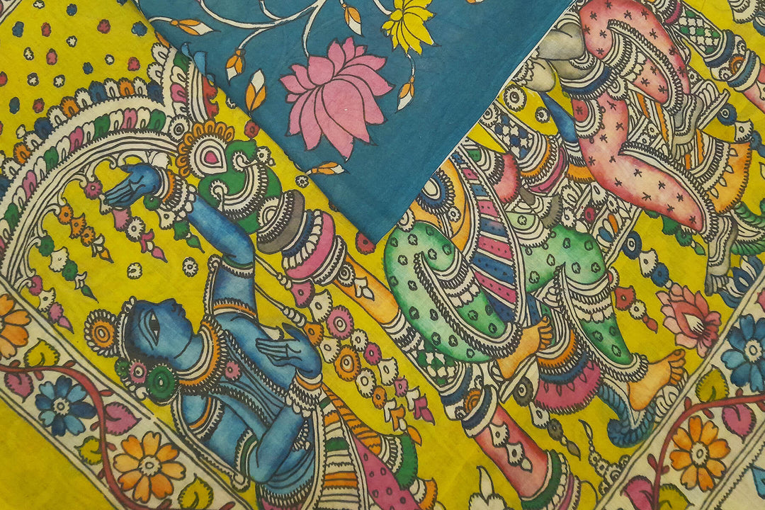 Hand painted Kalamkari pure cotton saree  with  lotus vines .