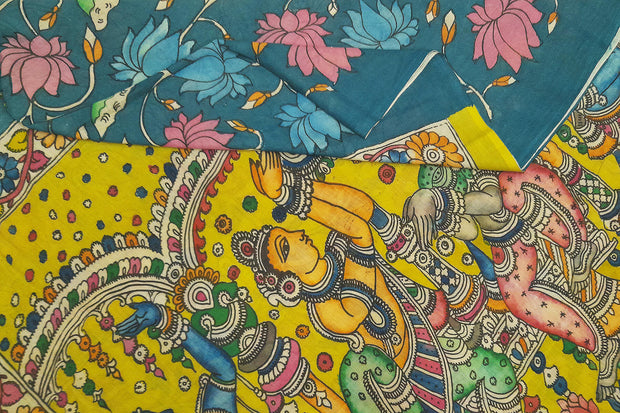 Hand painted Kalamkari pure cotton saree  with  lotus vines .
