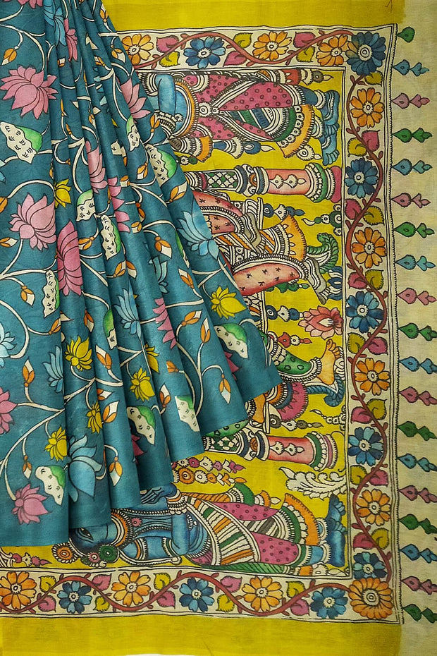 Hand painted Kalamkari pure cotton saree  with  lotus vines .