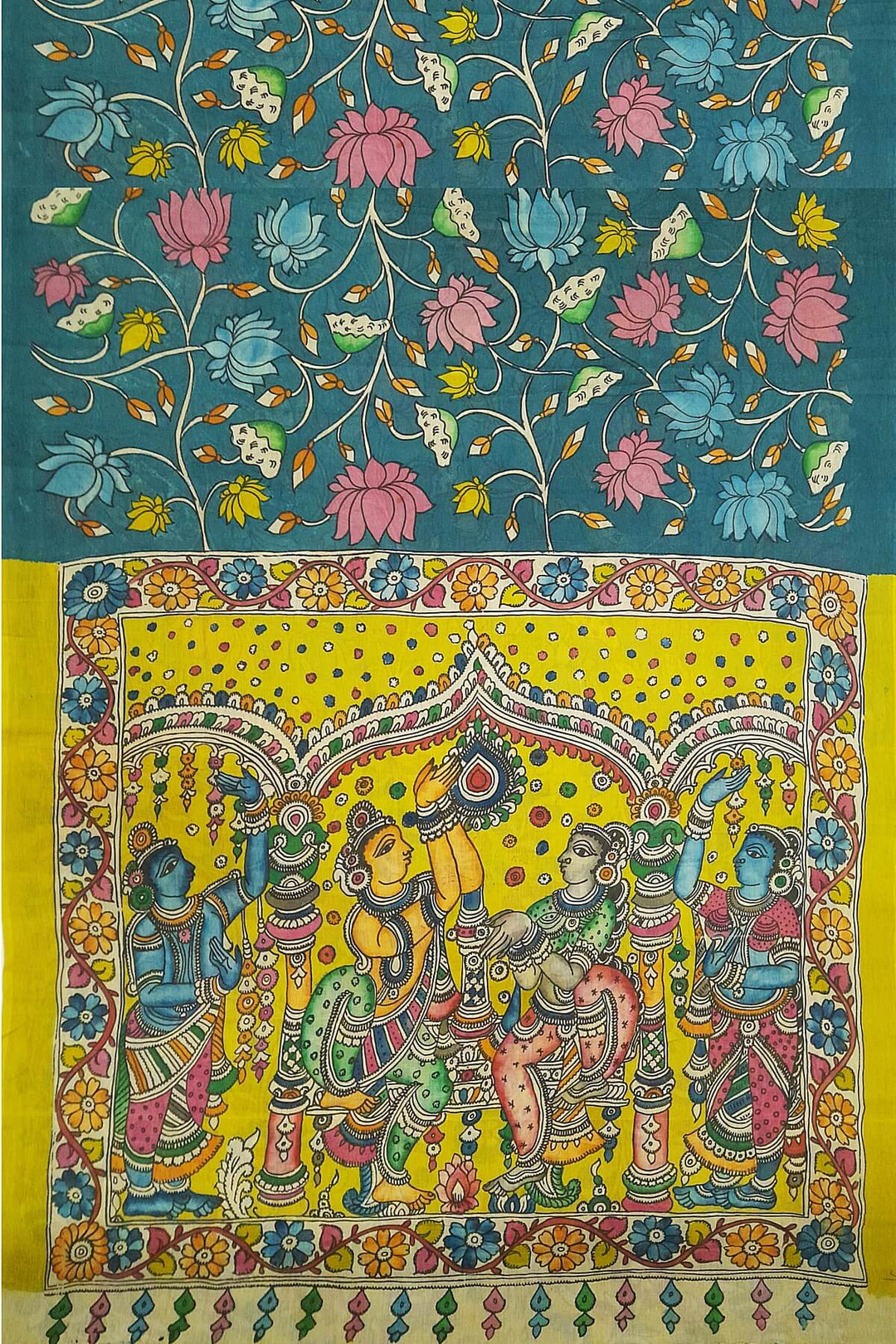 Hand painted Kalamkari pure cotton saree  with  lotus vines .