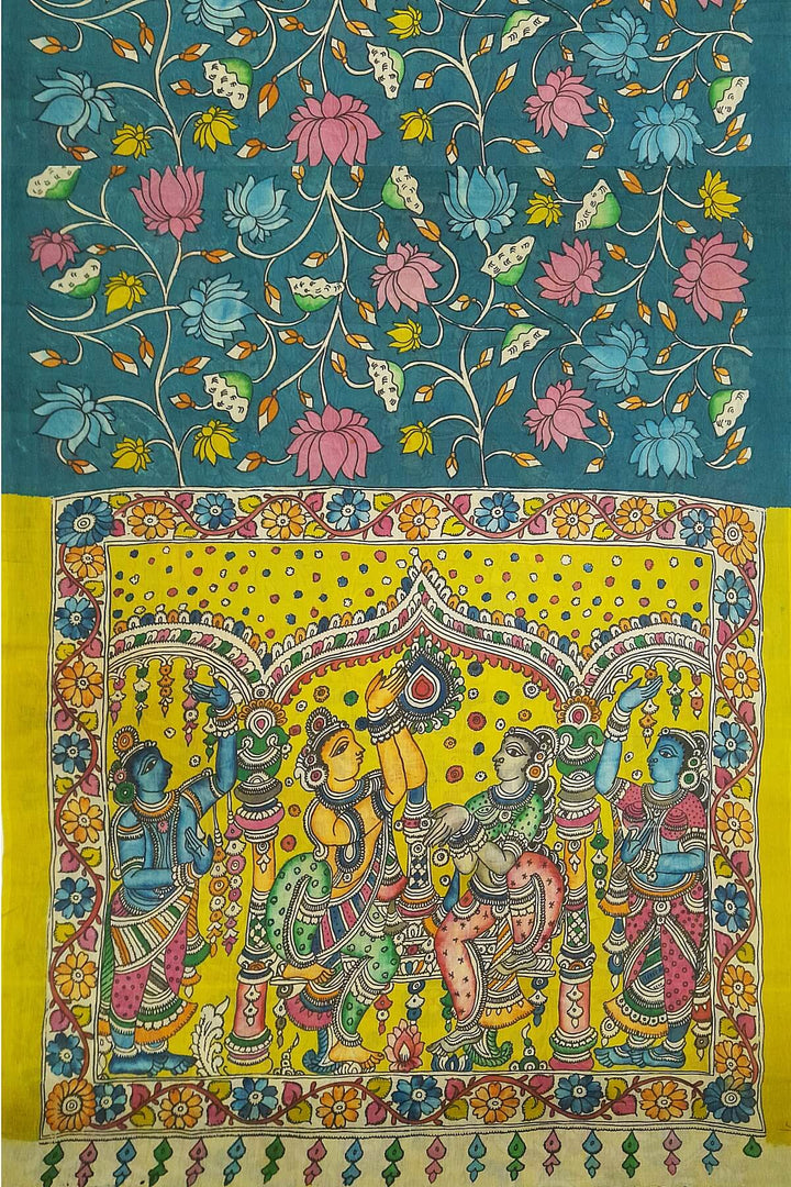 Hand painted Kalamkari pure cotton saree  with  lotus vines .