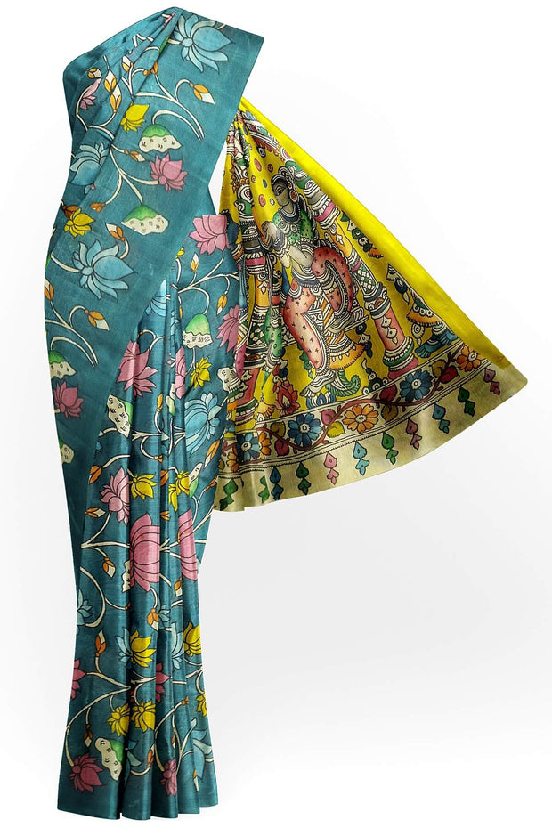 Hand painted Kalamkari pure cotton saree  with  lotus vines .