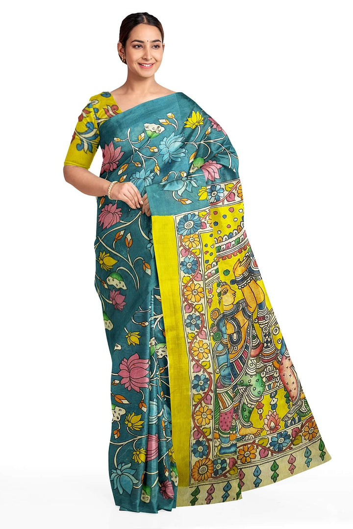 Hand painted Kalamkari pure cotton saree  with  lotus vines .