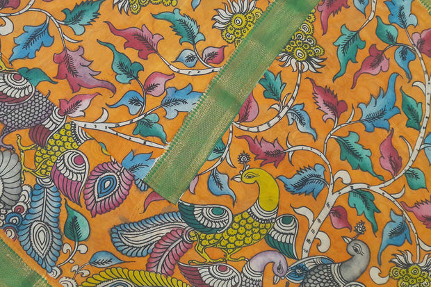 Hand painted Kalamkari on Bangalore silk dupatta in orange