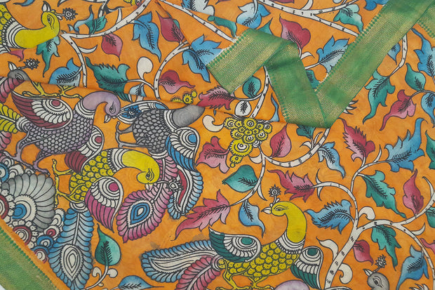 Hand painted Kalamkari on Bangalore silk dupatta in orange