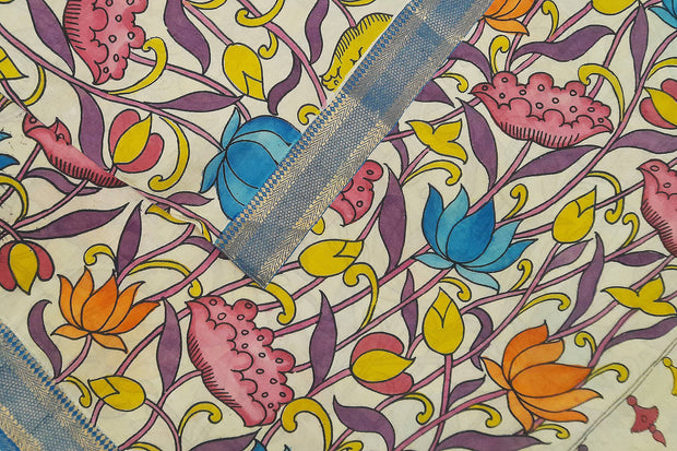 Hand painted Kalamkari on Bangalore  silk dupatta in off white & blue