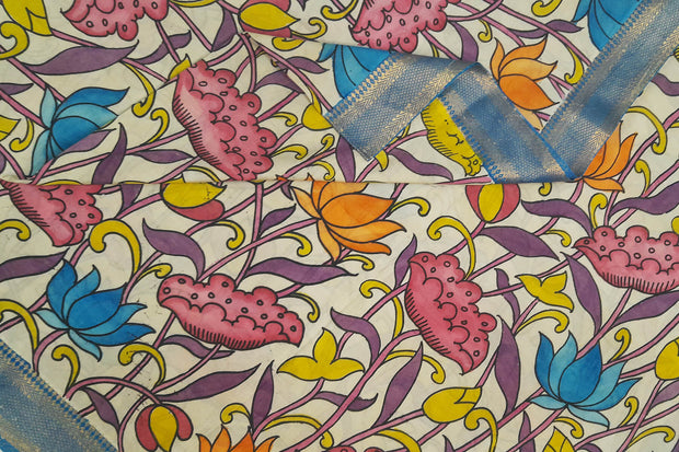 Hand painted Kalamkari on Bangalore  silk dupatta in off white & blue
