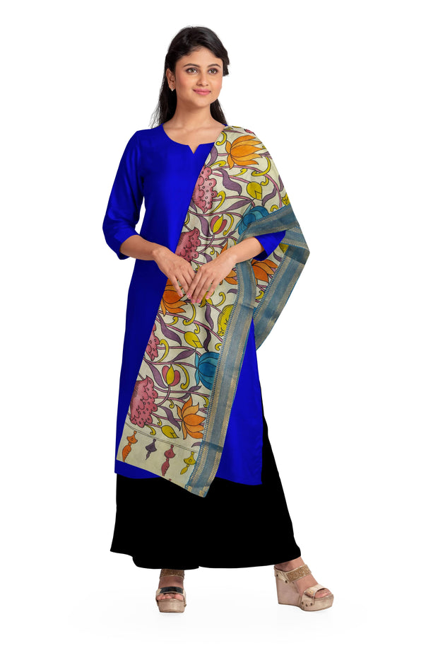 Hand painted Kalamkari on Bangalore  silk dupatta in off white & blue