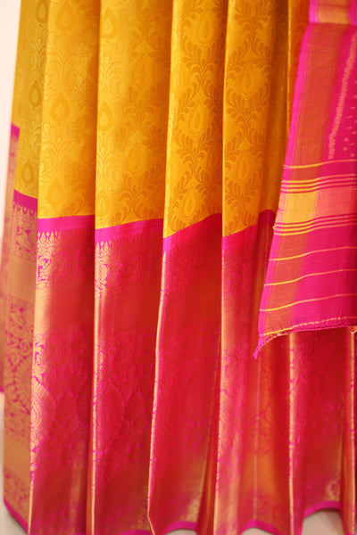 Handwoven Kanchi pure silk brocade unstitched lehenga material in floral pattern with rich zari border