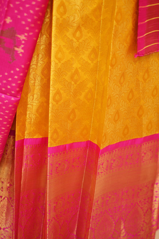 Handwoven Kanchi pure silk brocade unstitched lehenga material in floral pattern with rich zari border