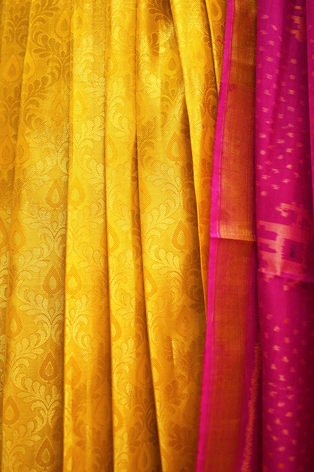 Handwoven Kanchi pure silk brocade unstitched lehenga material in floral pattern with rich zari border
