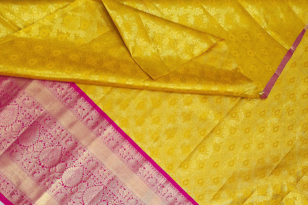 Handwoven Kanchi pure silk brocade unstitched lehenga material in floral pattern with rich zari border