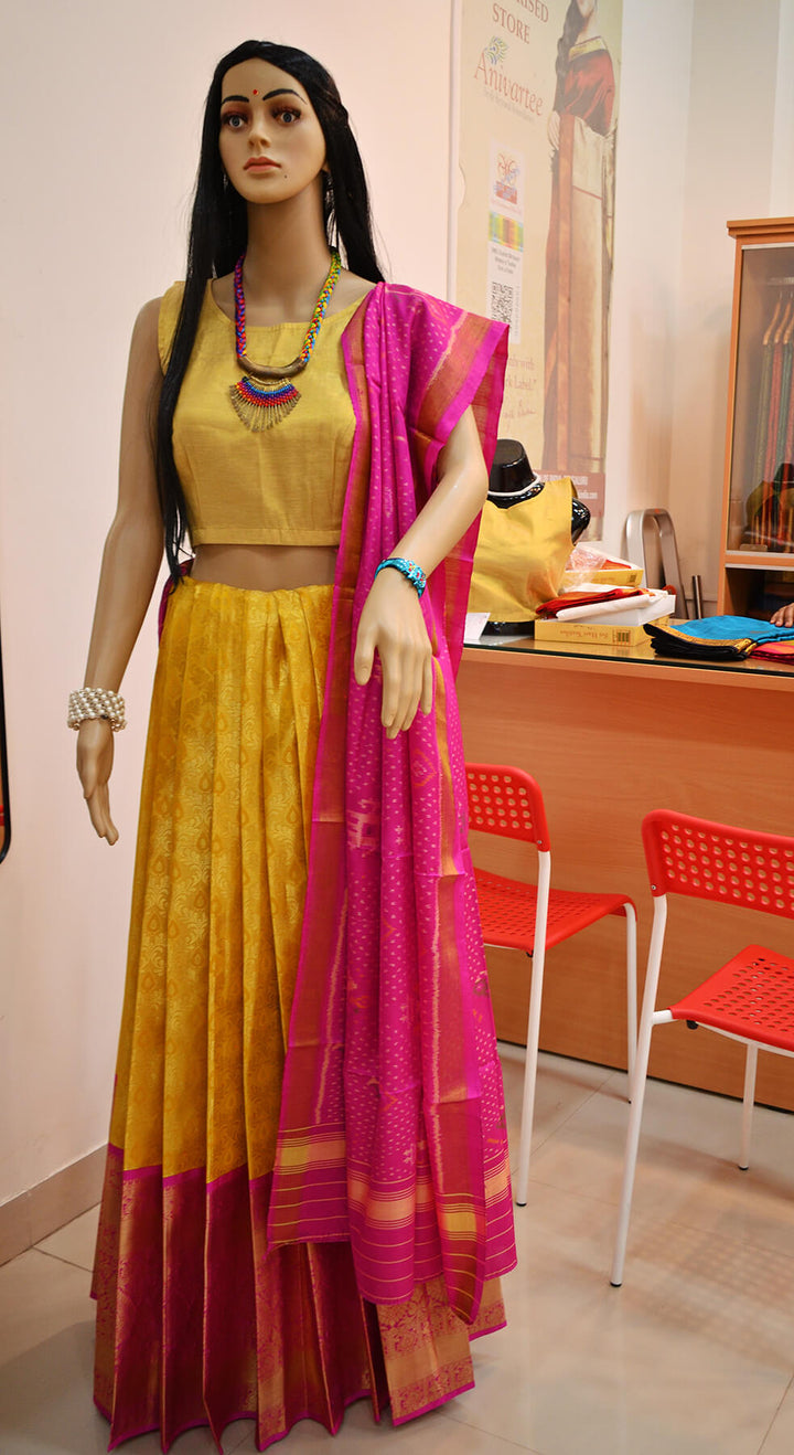 Handwoven Kanchi pure silk brocade unstitched lehenga material in floral pattern with rich zari border