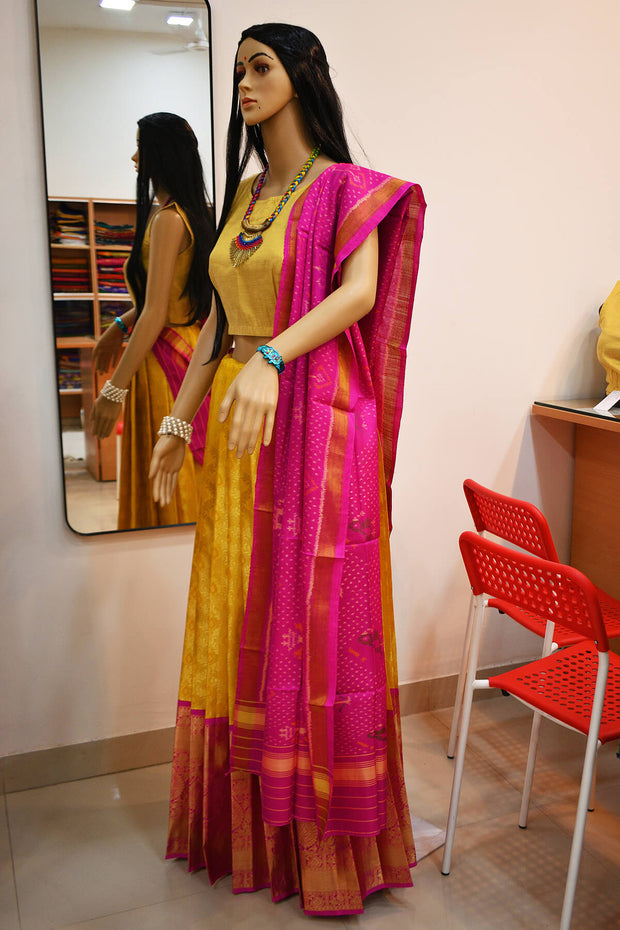 Handwoven Kanchi pure silk brocade unstitched lehenga material in floral pattern with rich zari border