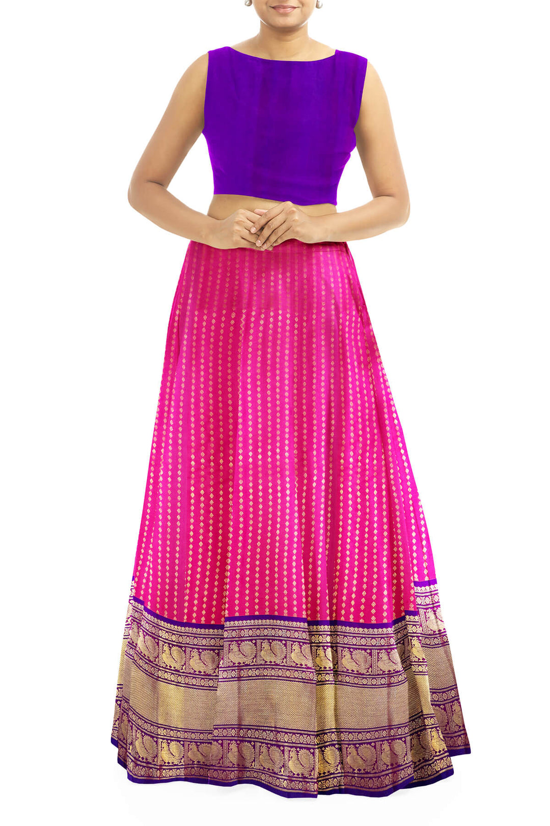 Handwoven Kanchi pure silk lehenga material in pink with zari border
