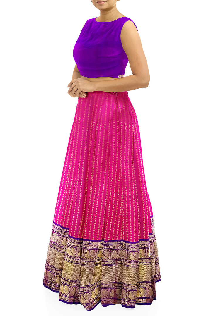 Handwoven Kanchi pure silk lehenga material in pink with zari border