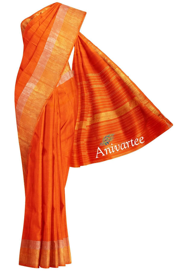 Kanchipuram pure silk saree in dupioni finish with gold & silver border