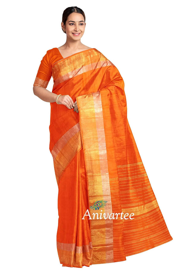 Kanchipuram pure silk saree in dupioni finish with gold & silver border
