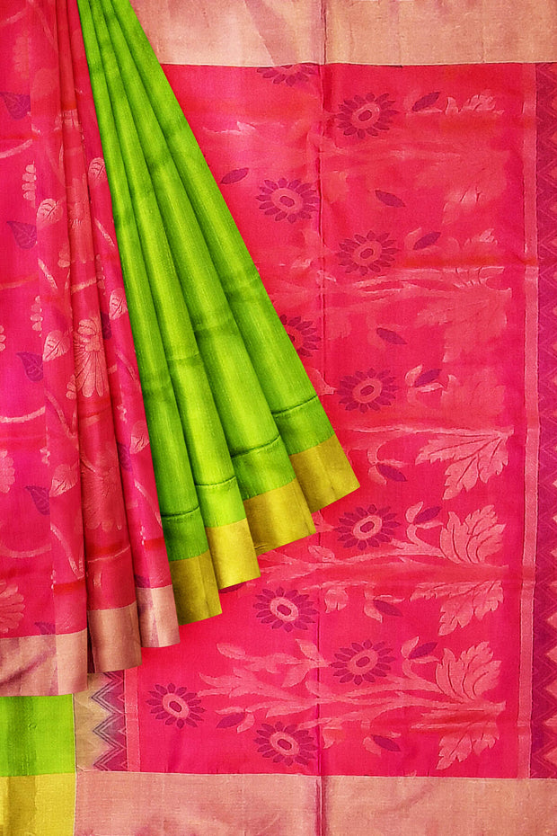 Handloom Kanchi soft silk saree in green & pink in partly style.