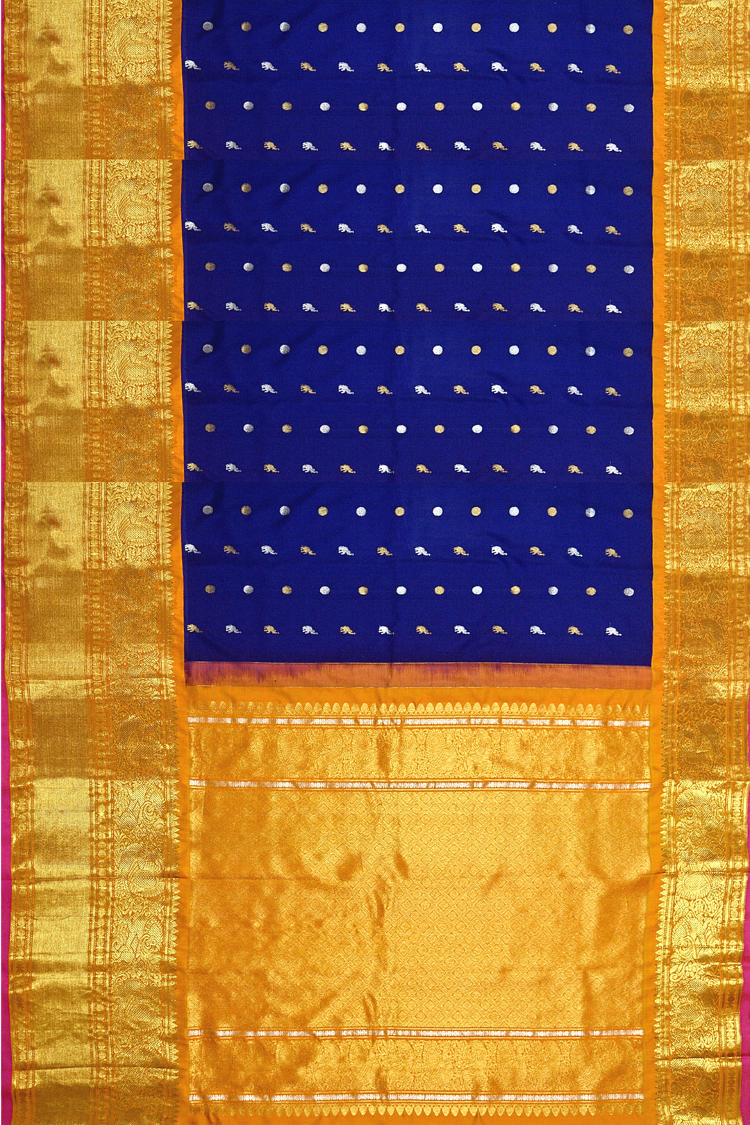 Kanchi pure silk pure zari saree with elephant & bead motif in gold and silver
