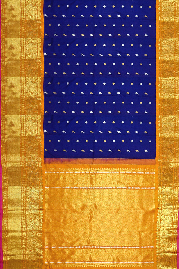 Kanchi pure silk pure zari saree with elephant & bead motif in gold and silver