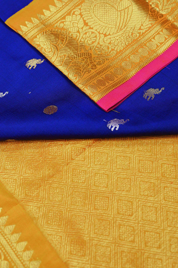 Kanchi pure silk pure zari saree with elephant & bead motif in gold and silver