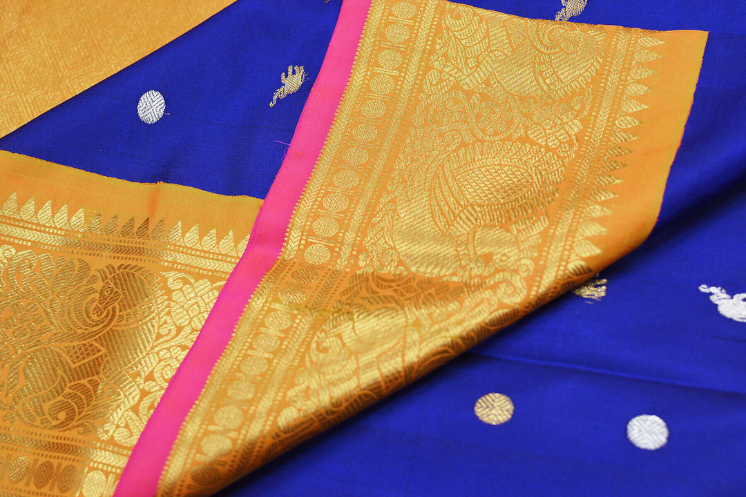 Kanchi pure silk pure zari saree with elephant & bead motif in gold and silver