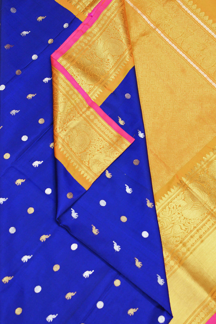 Kanchi pure silk pure zari saree with elephant & bead motif in gold and silver