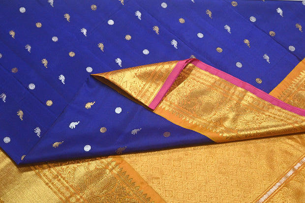Kanchi pure silk pure zari saree with elephant & bead motif in gold and silver