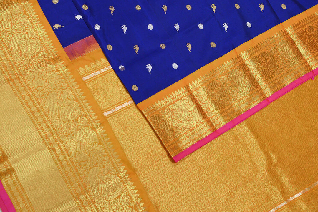 Kanchi pure silk pure zari saree with elephant & bead motif in gold and silver