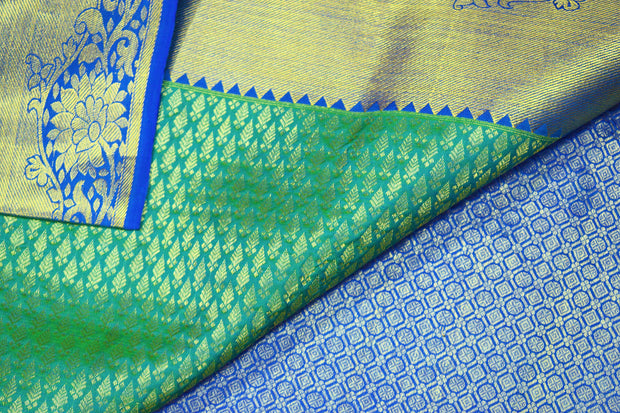 Handwoven Kanchi pure silk brocade saree in teal green