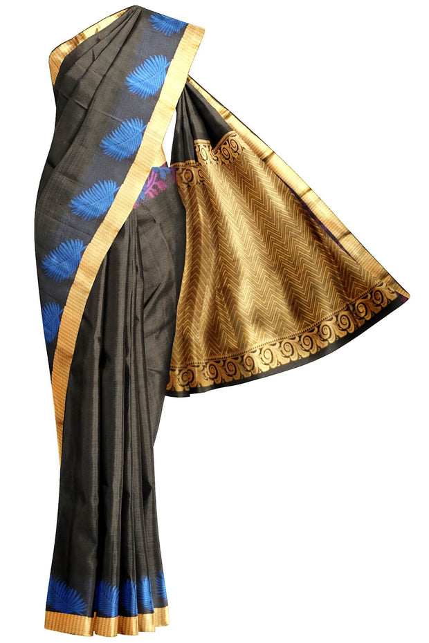 Handloom Kanchi pure silk saree in self design black with zigzag pattern in pallu. - Anivartee