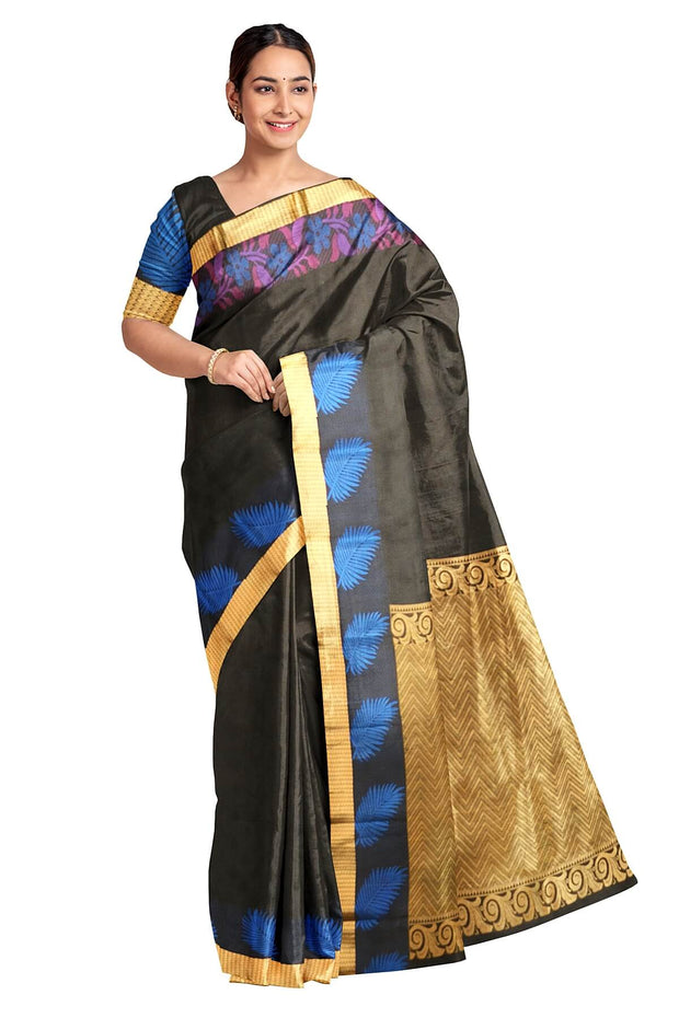Handloom Kanchi pure silk saree in self design black with zigzag pattern in pallu. - Anivartee